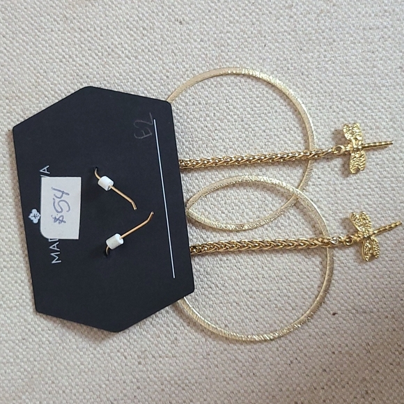 Made Community Golden Colored Hoop Earings with Dragonfly Dangle - Picture 4 of 4